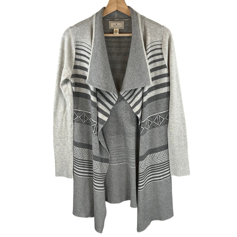 Ruby Moon Geometric Striped Open Front Long Cardigan Gray‎ Medium Boho Drape